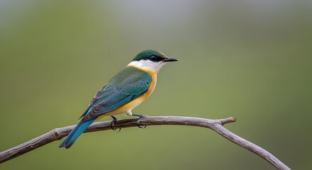 Obraz premium A vibrant bird perched elegantly on a slender branch against a blurred green backdrop