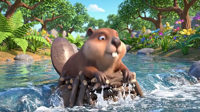 A happy beaver cartoon character enjoys a sunny day, sitting on a log dam in a vibrant forest stream, 3d cartoon