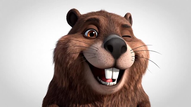 A cheerful beaver cartoon winks with a happy expression, showcasing a 3d cartoon animation of a smiling beaver