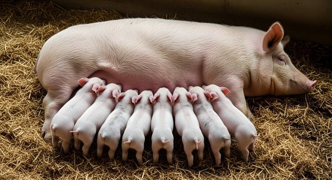 Healthy mother pig nursing her adorable piglets lying on straw bedding in a farm setting for agricultural and animal care concepts
