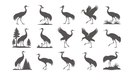 Obraz premium A grid of fifteen silhouette illustrations showcasing different poses and actions of elegant cranes.