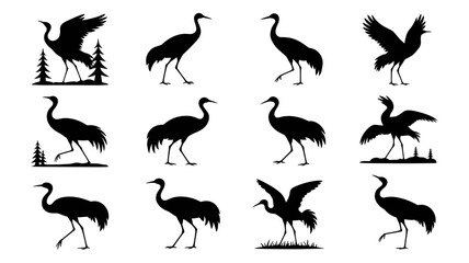 Obraz premium A diverse arrangement of twelve black silhouette images of cranes in various dynamic postures.
