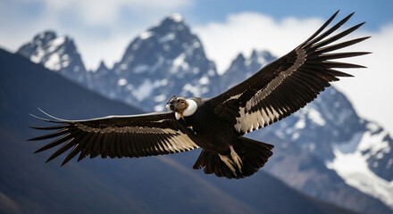 Obraz premium Majestic Andean Condor Soaring With Wings Fully Extended Against Rugged Snow‑Capped Mountain Peaks And Cloudy Sky, Dramatic Wildlife Scene Highlighting Scale And Beauty