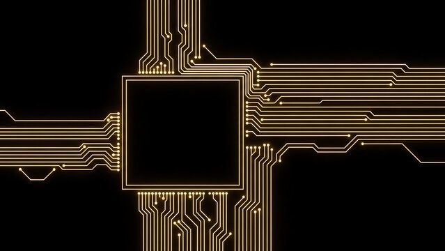 Glowing Circuit Board Lines Radiating From A Central Black Square Against A Black Background
