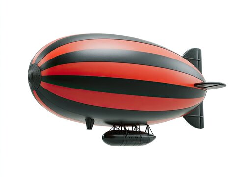 A red and black striped blimp floats against a stark white background