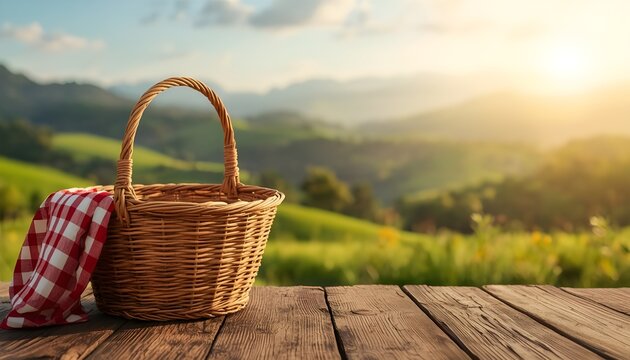 Empty Wicker Picnic Basket with Red Gingham Napkin on Wooden Table Overlooking Sunny Green Valley Mountain Landscape