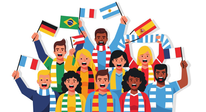 Diverse group of animated fans celebrating with international flags