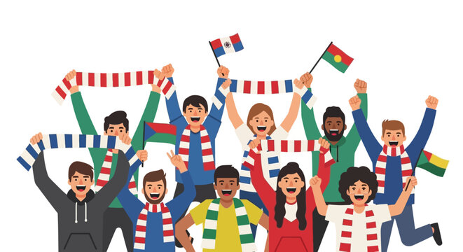 Diverse group of excited sports fans cheering with flags and scarves