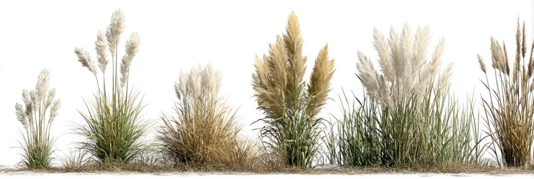 Several clumps of ornamental grass with feathery plumes on white background, showcasing varied heights