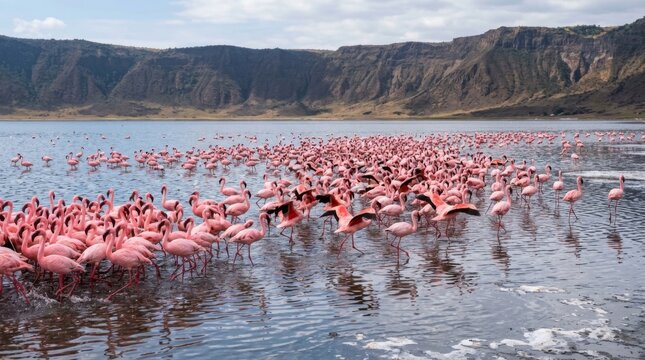 Flamingos gathered at Lake Natron in Tanzania, creating a striking natural spectacle in a unique alkaline landscape.