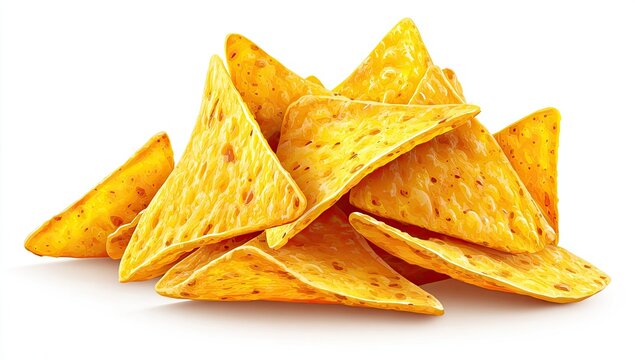 Golden corn tortilla chips piled high against a white background