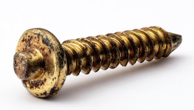 Aged brass wood screw with textured head and sharp point