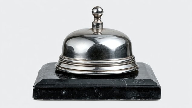 Polished silver counter bell with ornate base on white background