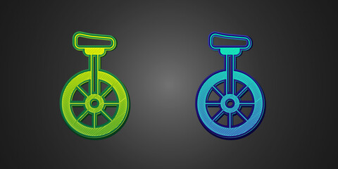 Green and blue Unicycle or one wheel bicycle icon isolated on black background. Monowheel bicycle. Vector © Iryna