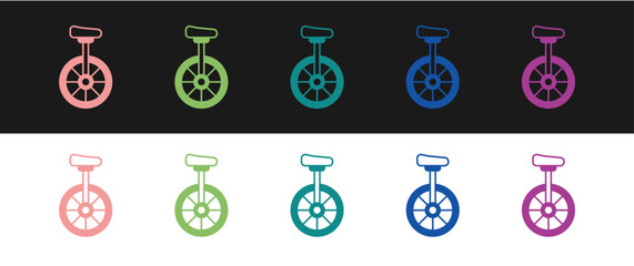Set Unicycle or one wheel bicycle icon isolated on black and white background. Monowheel bicycle. Vector © Iryna