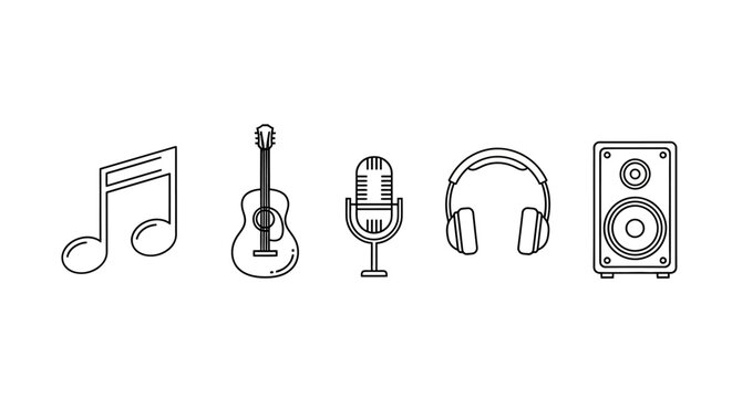 Music-themed line art collection featuring various musical instruments and audio equipment.