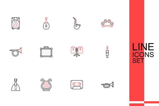Set line Trumpet, Retro audio cassette tape, Ancient Greek lyre, Balalaika, Audio jack, Conga drums, Guitar amplifier and icon. Vector