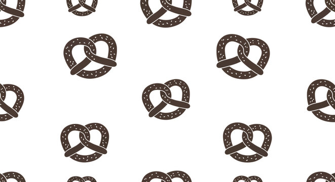 A seamless repeating pattern of brown hand drawn pretzels with salt crystals scattered around