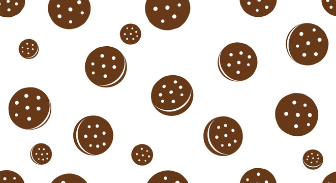 Seamless pattern featuring various sizes of chocolate chip cookies in a hand drawn style.