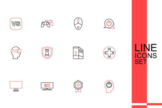 Set line Power button, Game rating with medal, Computer monitor, controller joystick, Case of computer, Chess shield and Virtual reality glasses icon. Vector