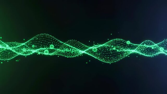Green digital wave particles moving in abstract sequence. Glowing neon liquid network flow simulation on dark background. Science data visualization motion concept.
