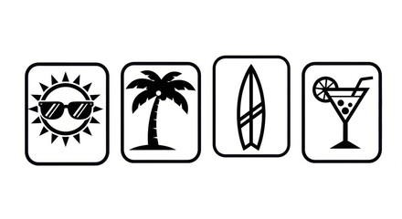 Modern minimalist black and white graphic icon set capturing the essence of summer holidays and beach leisure, featuring essential vacation elements for travel and relaxation © ARIF
