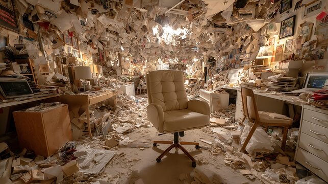 Messy office interior filled with scattered paper debris, chaotic workspace environment clutter, cluttered room view, abandoned study area chaos.