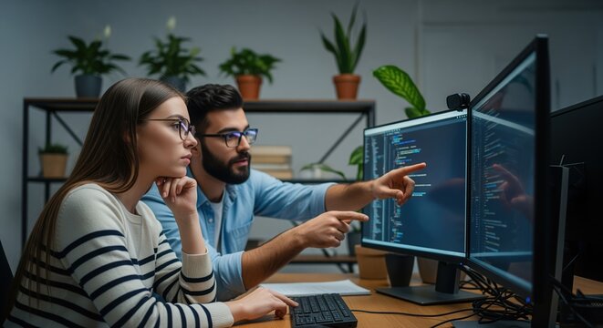 Two software developers collaborate at a desk with multiple monitors displaying code. Both wear glasses while analyzing programming in a modern office workspace decorated with plants.