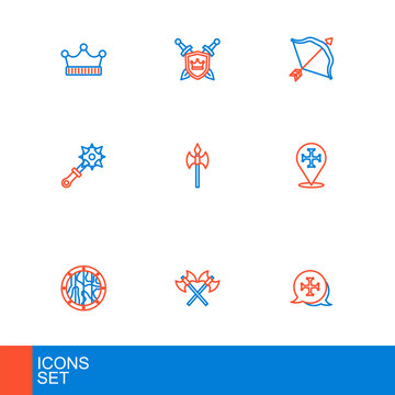 Set line Crusade, Crossed medieval axes, Round wooden shield, Mace with spikes, Medieval, bow and arrow and Shield swords icon. Vector
