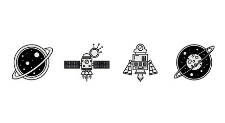 Collection of celestial bodies and spacecraft icons for space exploration and astronomy themes © ARIF