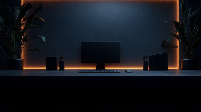 Minimalist desk computer monitor keyboard mouse dark wall orange backlight modern office indoor plant organized workspace