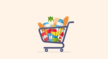 Colorful grocery shopping cart with various food items in cartoon style for e-commerce © SHAMIM STOCK
