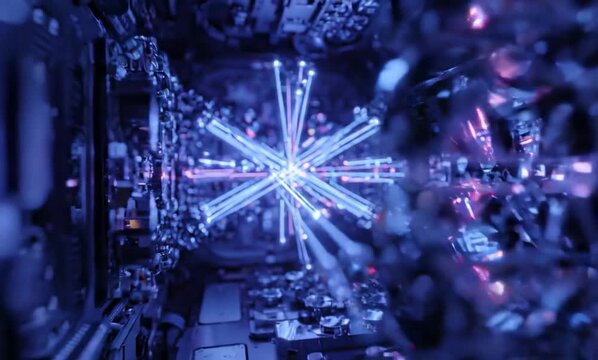 Precision prisms redirect beams inside advanced processor with cold blue metallic environment