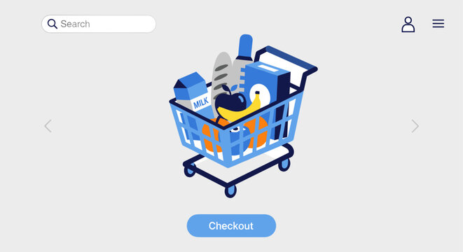 Shopping cart with various products in modern e-commerce website for online shopping