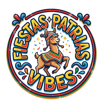 Vicu&ntilde;a mascot in chullo hat with 'Fiestas Patrias Vibes' text