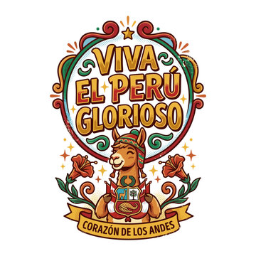 Peruvian llama with national symbols and text "Viva el Per&uacute; Glorioso"