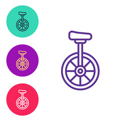 Set line Unicycle or one wheel bicycle icon isolated on white background. Monowheel bicycle. Set icons colorful. Vector © Iryna