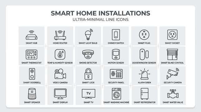 Smart home installations icons show various devices and gadgets for home automation