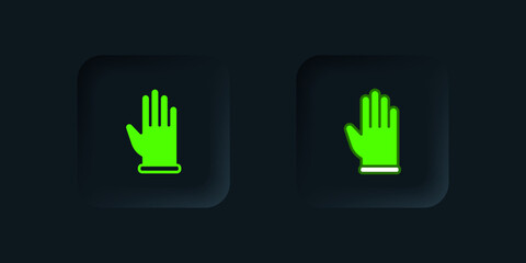 Obraz premium Green Rubber gloves icon isolated on black background. Latex hand protection sign. Housework cleaning equipment symbol. Black square button. Vector