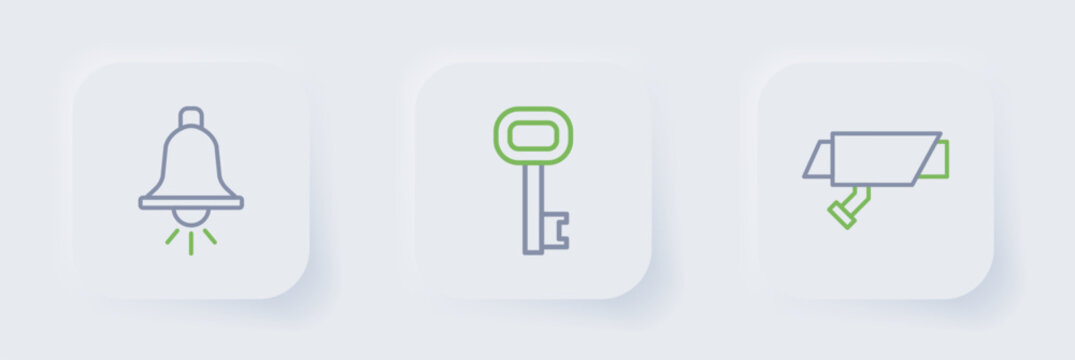 Set line Security camera, Old key and Ringing alarm bell icon. Vector