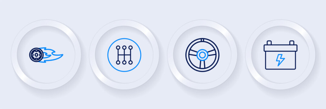 Set line Car battery, Racing steering wheel, Gear shifter and Wheel fire flame icon. Vector