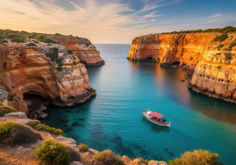 Fototapeta premium Stunning cliffs and boats at a scenic coastal location during sunset