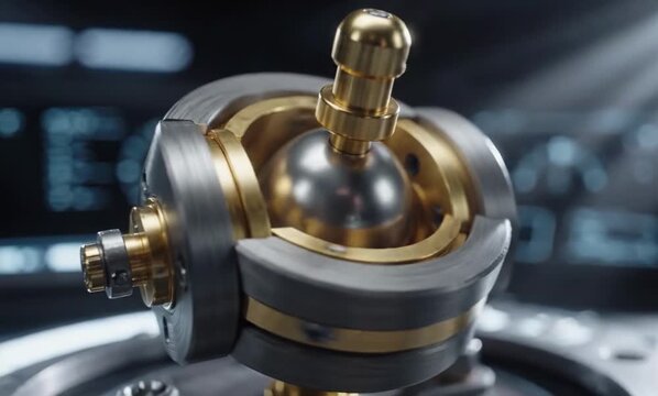 Miniature metallic gyroscope spinning smoothly with balanced rings in dramatic macro light