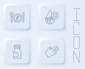 Fototapeta premium Set line Vegan food diet, Palm oil free, Vitamins and Finger blood. White square button. Vector