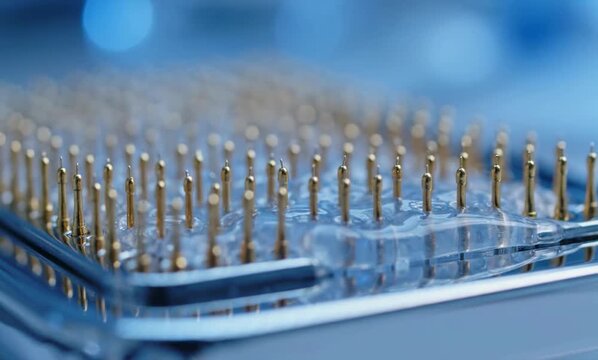 Precision healthcare technology showing sterile micro needles on translucent advanced biomaterial substrate