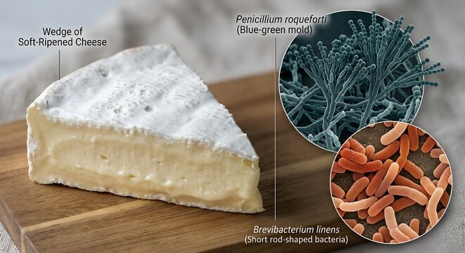 Wedge of soft-ripened brie or camembert cheese with white rind, shown alongside magnified blue-green mold and rod bacteria, representing food microbiology and fermentation science