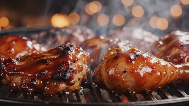 Delicious Barbecue Chicken Drumsticks Grilling with Smoky Glaze and Sizzling
