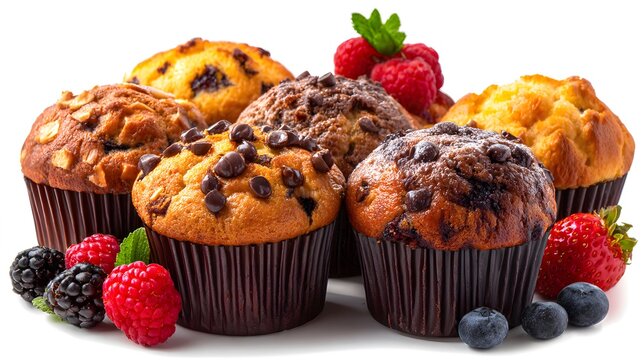 Assorted cranberry muffins in paper liners on white background

