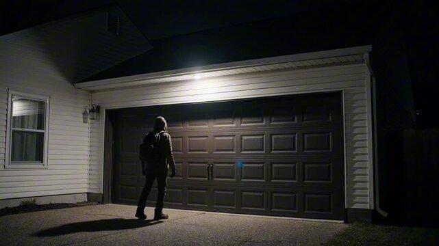A dark residential driveway night. A hooded figure backpack walks garage door. bright motion sensor light turns on, figure cautiously attempts open garage door revealing face, house corner, security