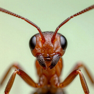 Extreme macro close-up of red ant face with antennae